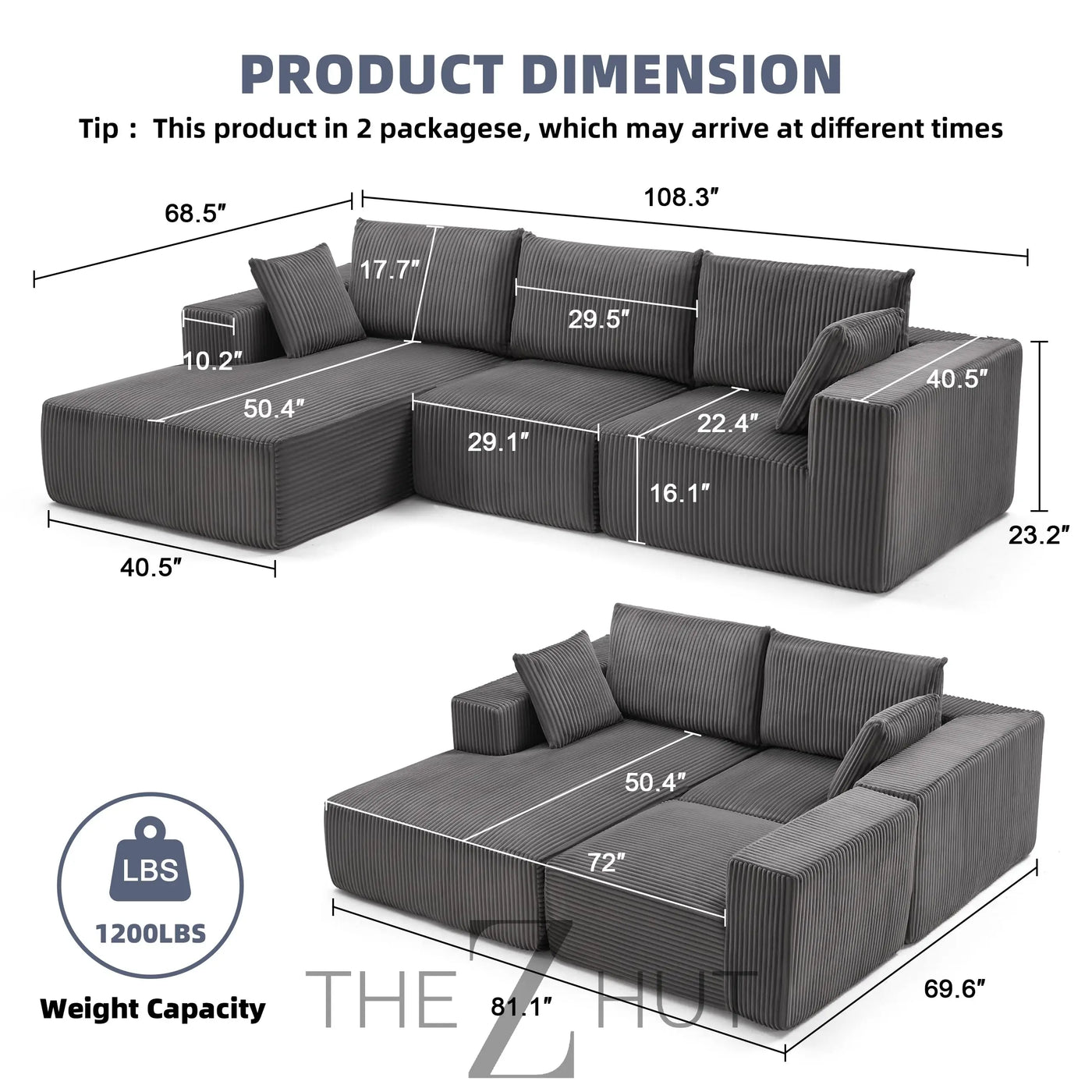 108” Modular Sectional Sofa, Cloud Sectional Couch with Deep Seat, Modern Modular L-Shape Sofa Couch with Chaise,Upholstered Couches for Living Room Bedroom (Beige, Left Facing Chaise) THE Z HUT