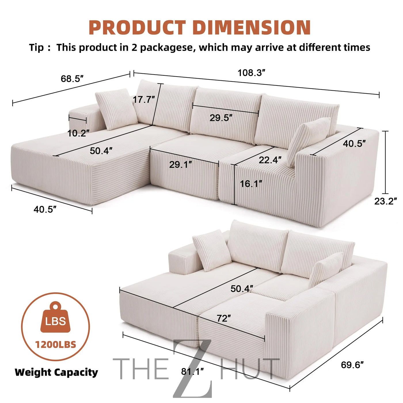 108” Modular Sectional Sofa, Cloud Sectional Couch with Deep Seat, Modern Modular L-Shape Sofa Couch with Chaise,Upholstered Couches for Living Room Bedroom (Beige, Left Facing Chaise) THE Z HUT