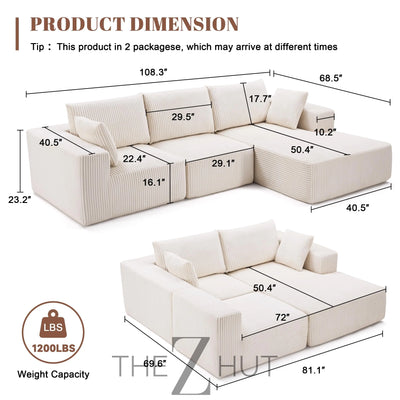 108” Modular Sectional Sofa, Cloud Sectional Couch with Deep Seat, Modern Modular L-Shape Sofa Couch with Chaise,Upholstered Couches for Living Room Bedroom (Beige, Left Facing Chaise) THE Z HUT