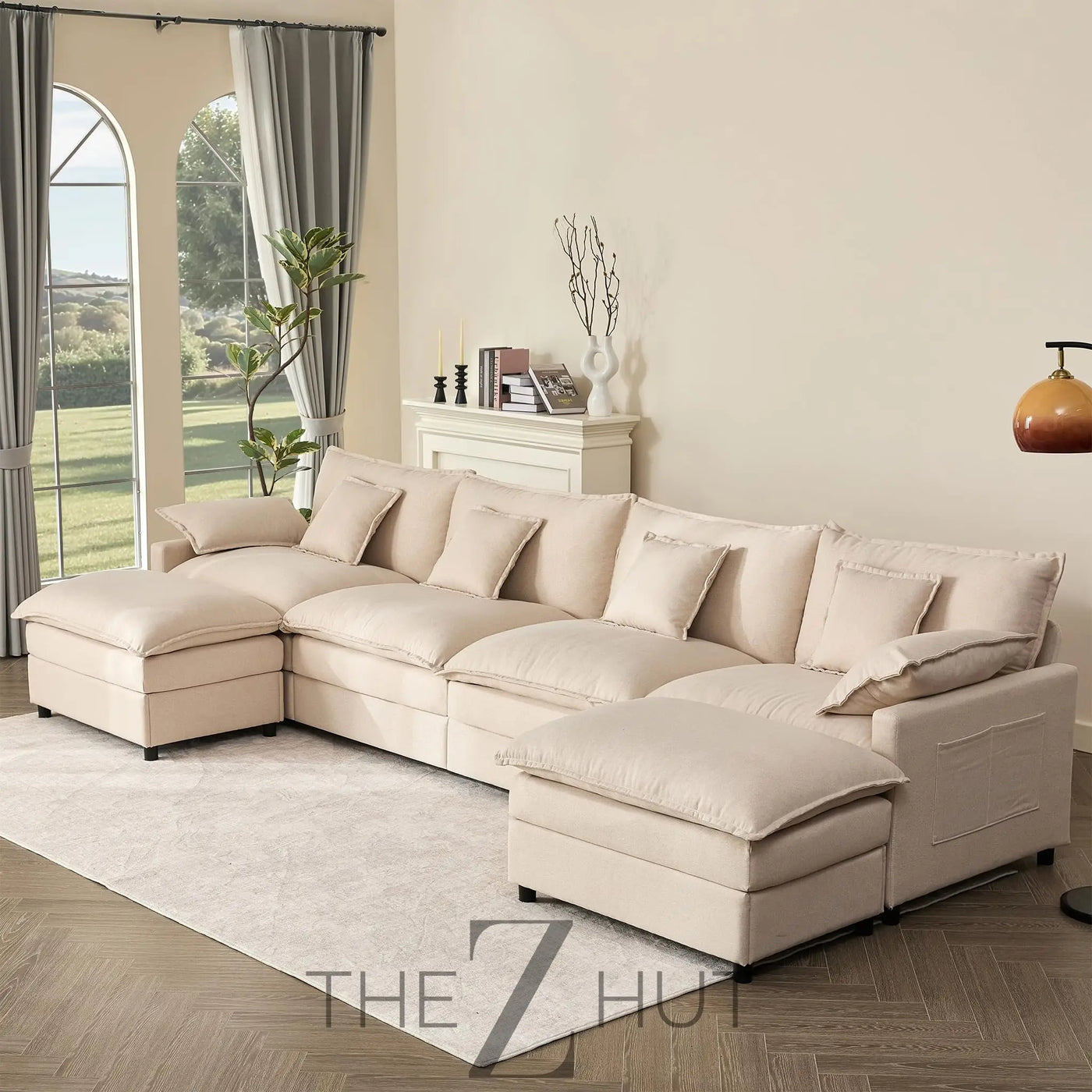 108" U Shaped Couch, Modular Sectional Sofa, 3-Seater Comfy Cloud Couch with Movable Ottoman, Deep Seat Couches for Living Room, Linen, Beige THE Z HUT