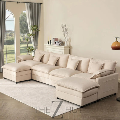 108" U Shaped Couch, Modular Sectional Sofa, 3-Seater Comfy Cloud Couch with Movable Ottoman, Deep Seat Couches for Living Room, Linen, Beige THE Z HUT