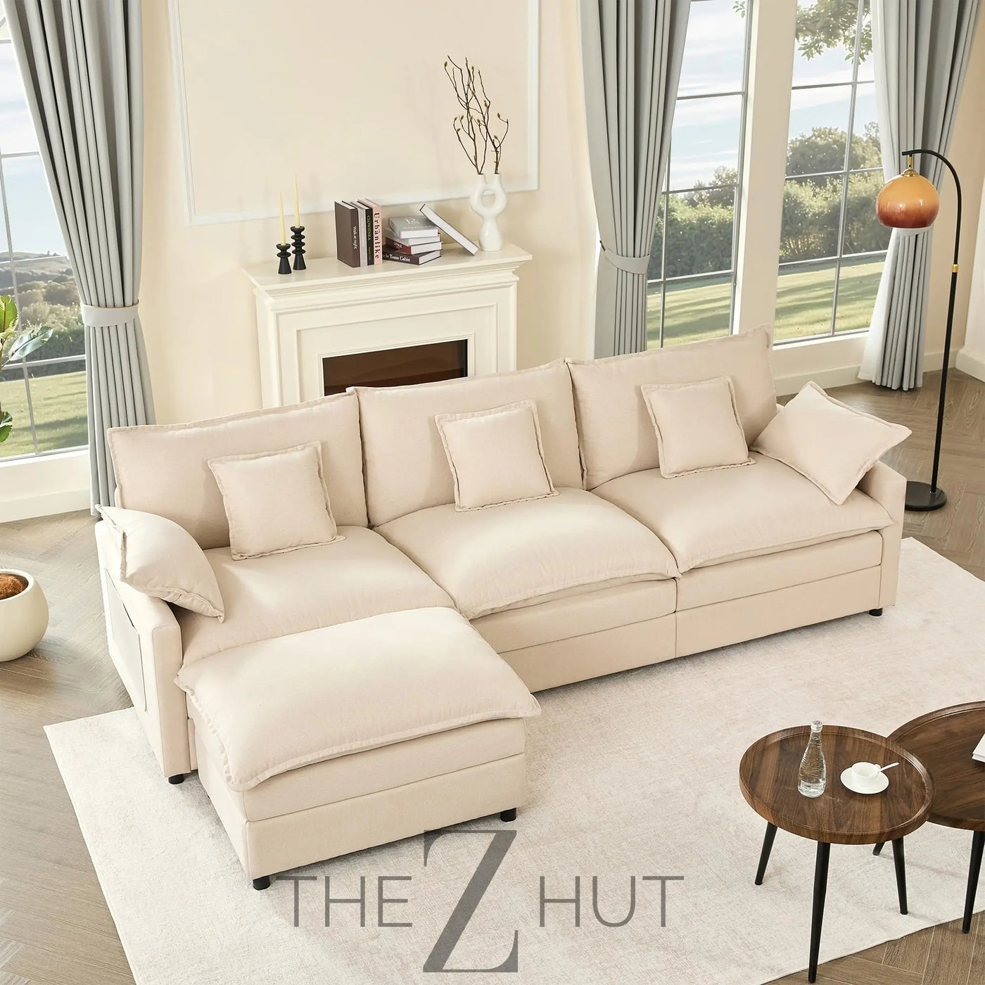 108" U Shaped Couch, Modular Sectional Sofa, 3-Seater Comfy Cloud Couch with Movable Ottoman, Deep Seat Couches for Living Room, Linen, Beige THE Z HUT