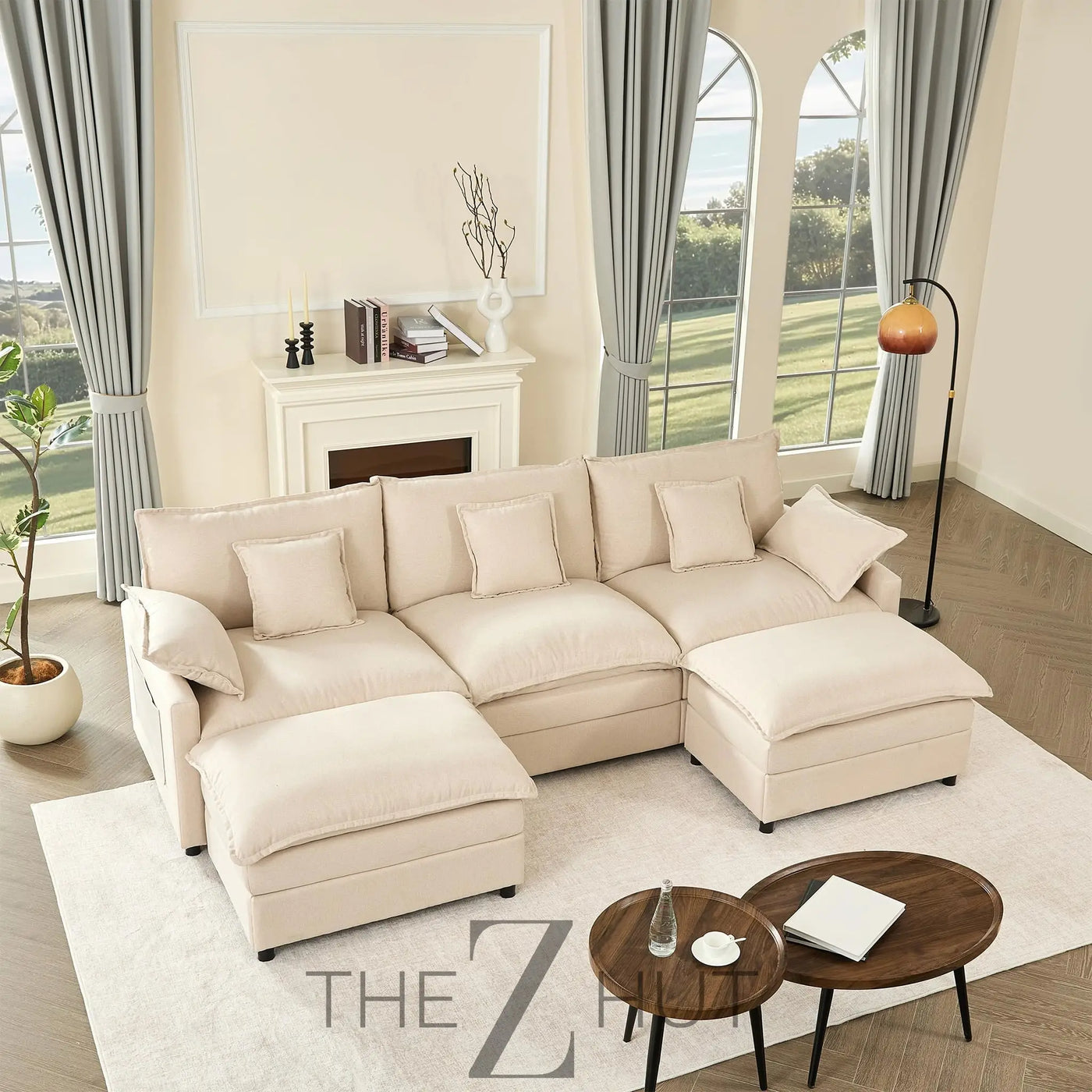 108" U Shaped Couch, Modular Sectional Sofa, 3-Seater Comfy Cloud Couch with Movable Ottoman, Deep Seat Couches for Living Room, Linen, Beige THE Z HUT