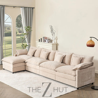 108" U Shaped Couch, Modular Sectional Sofa, 3-Seater Comfy Cloud Couch with Movable Ottoman, Deep Seat Couches for Living Room, Linen, Beige THE Z HUT