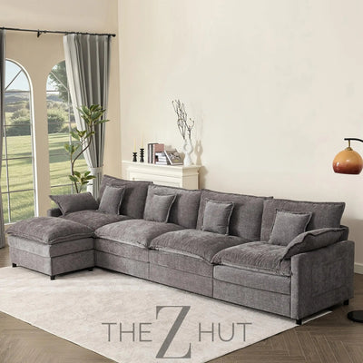 108" U Shaped Couch, Modular Sectional Sofa, 3-Seater Comfy Cloud Couch with Movable Ottoman, Deep Seat Couches for Living Room, Linen, Beige THE Z HUT