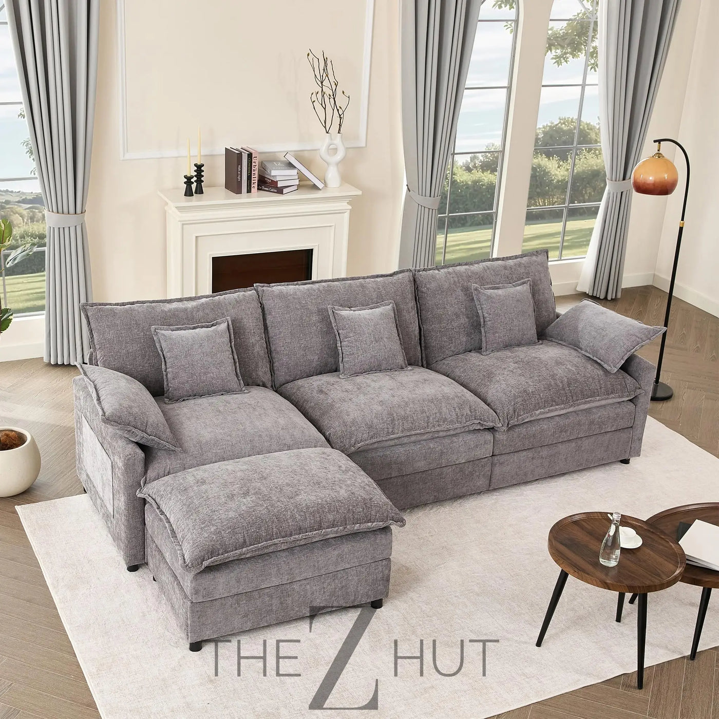 108" U Shaped Couch, Modular Sectional Sofa, 3-Seater Comfy Cloud Couch with Movable Ottoman, Deep Seat Couches for Living Room, Linen, Beige THE Z HUT