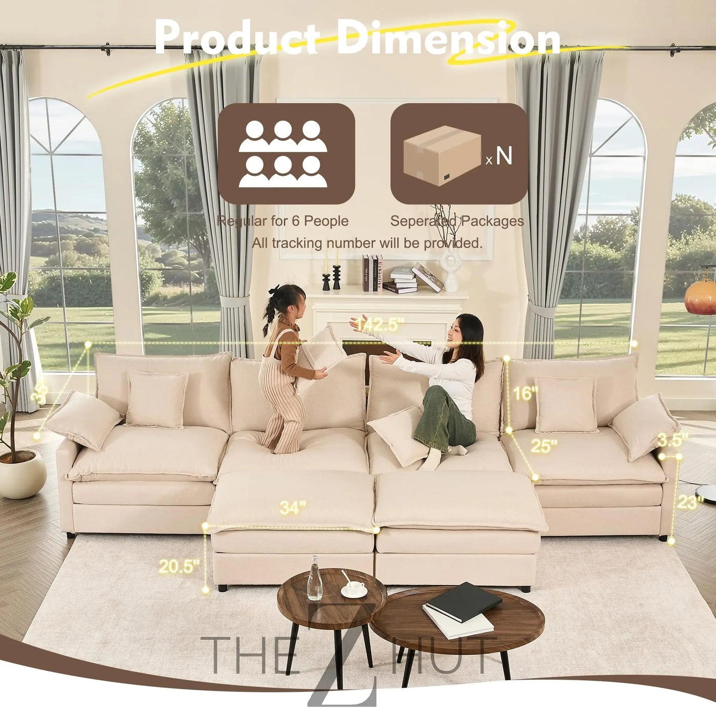 108" U Shaped Couch, Modular Sectional Sofa, 3-Seater Comfy Cloud Couch with Movable Ottoman, Deep Seat Couches for Living Room, Linen, Beige THE Z HUT