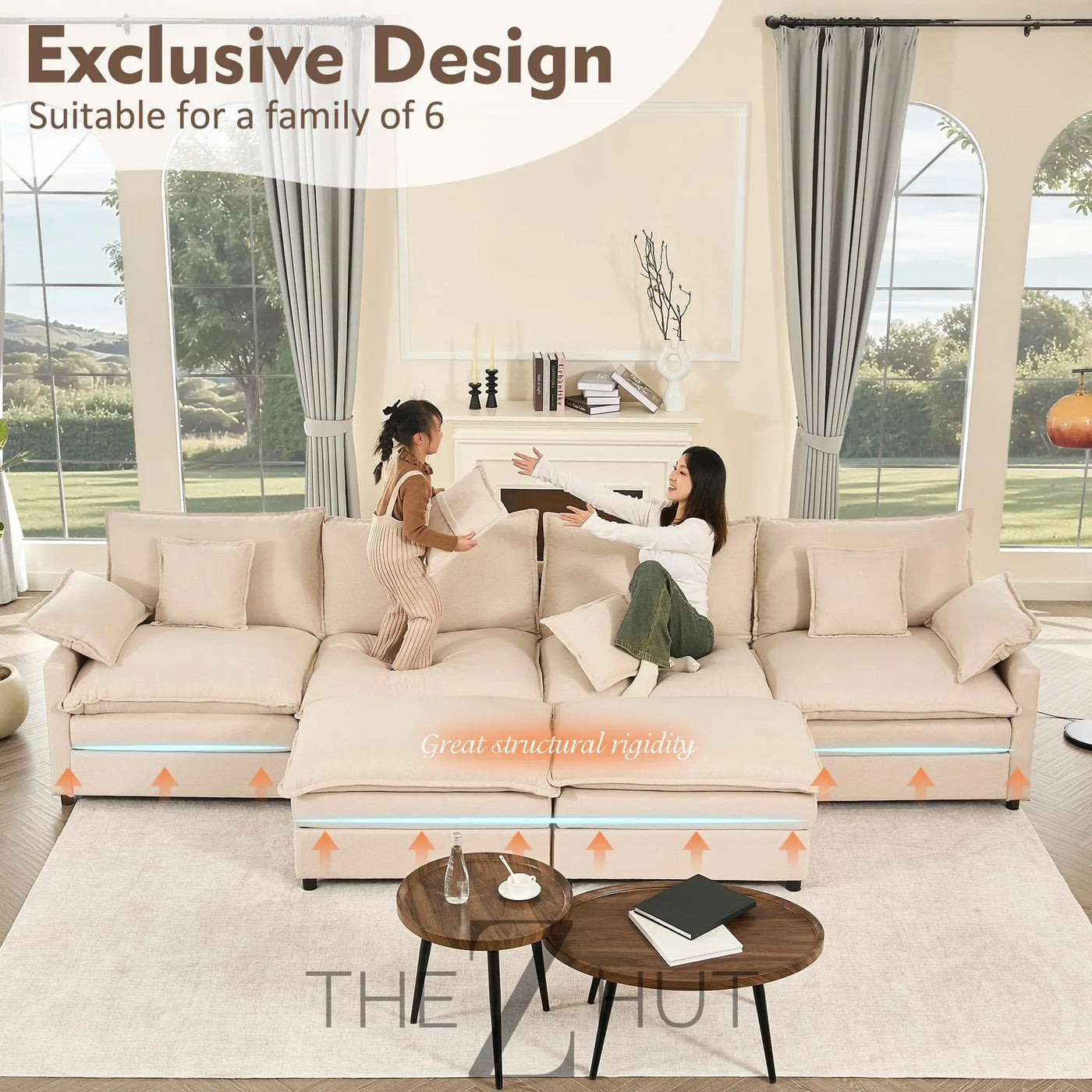108" U Shaped Couch, Modular Sectional Sofa, 3-Seater Comfy Cloud Couch with Movable Ottoman, Deep Seat Couches for Living Room, Linen, Beige THE Z HUT