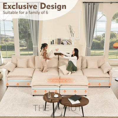 108" U Shaped Couch, Modular Sectional Sofa, 3-Seater Comfy Cloud Couch with Movable Ottoman, Deep Seat Couches for Living Room, Linen, Beige THE Z HUT