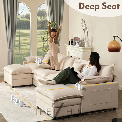 108" U Shaped Couch, Modular Sectional Sofa, 3-Seater Comfy Cloud Couch with Movable Ottoman, Deep Seat Couches for Living Room, Linen, Beige THE Z HUT