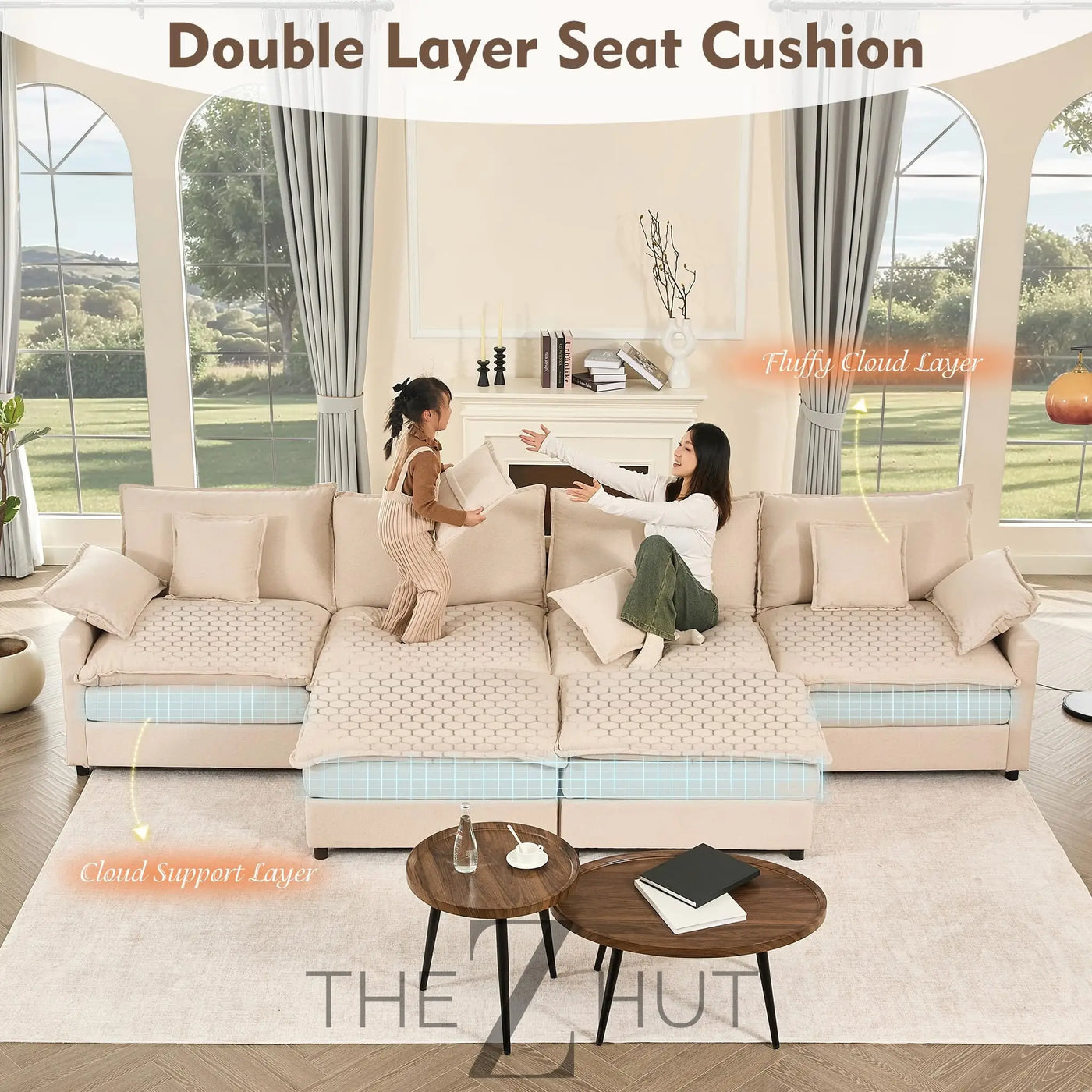 108" U Shaped Couch, Modular Sectional Sofa, 3-Seater Comfy Cloud Couch with Movable Ottoman, Deep Seat Couches for Living Room, Linen, Beige THE Z HUT