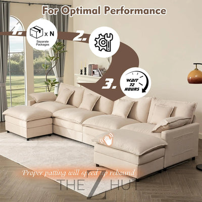 108" U Shaped Couch, Modular Sectional Sofa, 3-Seater Comfy Cloud Couch with Movable Ottoman, Deep Seat Couches for Living Room, Linen, Beige THE Z HUT