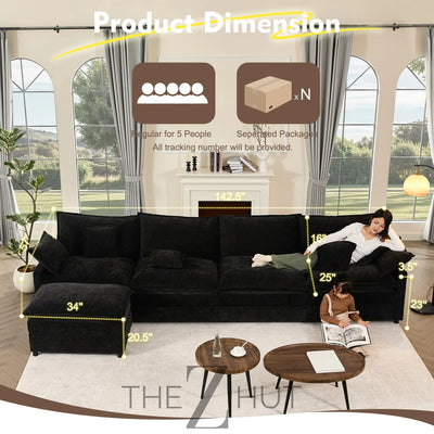 108" U Shaped Couch, Modular Sectional Sofa, 3-Seater Comfy Cloud Couch with Movable Ottoman, Deep Seat Couches for Living Room, Linen, Beige THE Z HUT