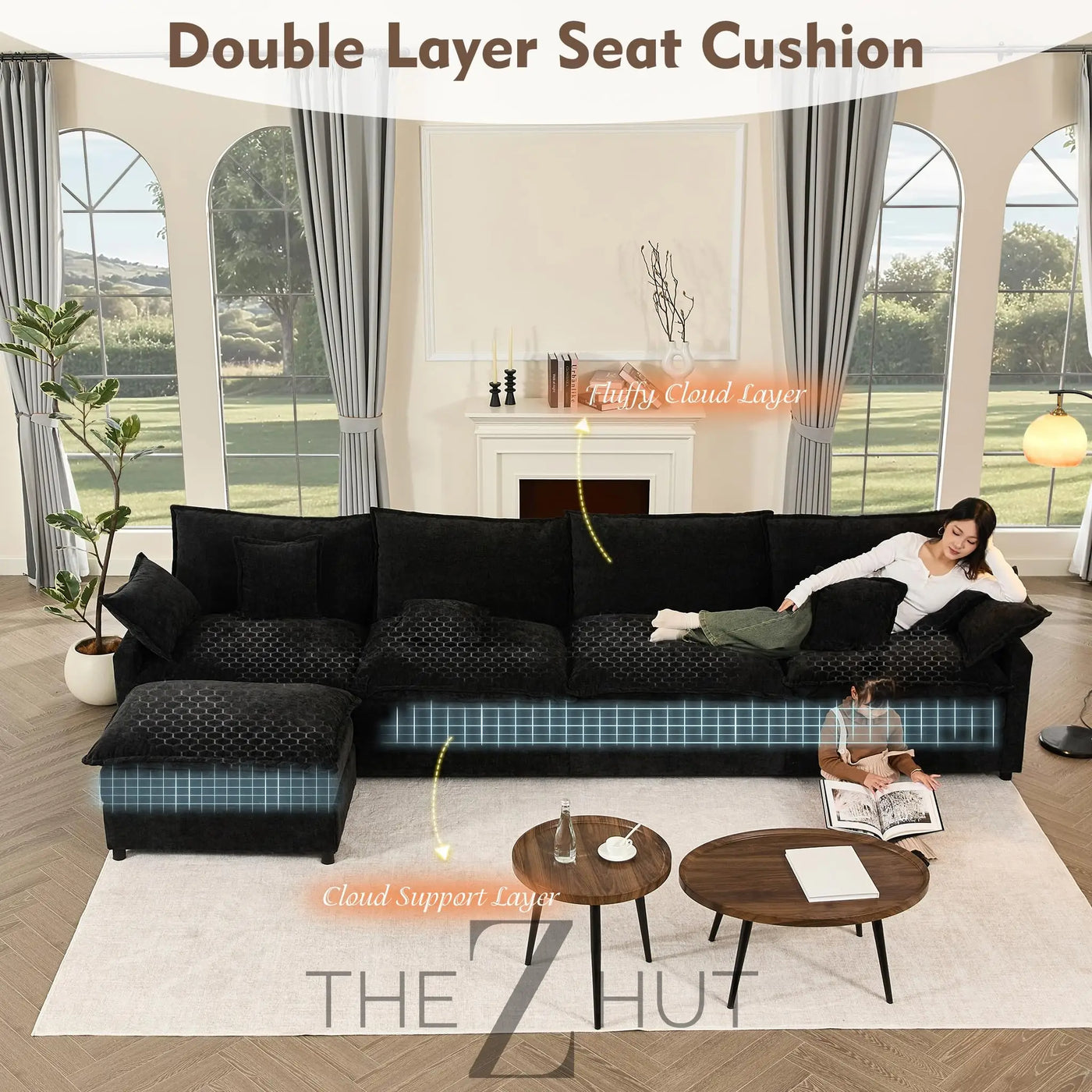 108" U Shaped Couch, Modular Sectional Sofa, 3-Seater Comfy Cloud Couch with Movable Ottoman, Deep Seat Couches for Living Room, Linen, Beige THE Z HUT