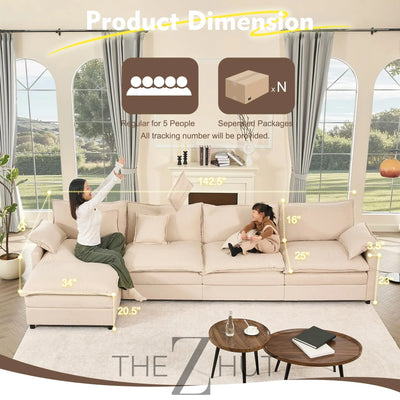 108" U Shaped Couch, Modular Sectional Sofa, 3-Seater Comfy Cloud Couch with Movable Ottoman, Deep Seat Couches for Living Room, Linen, Beige THE Z HUT