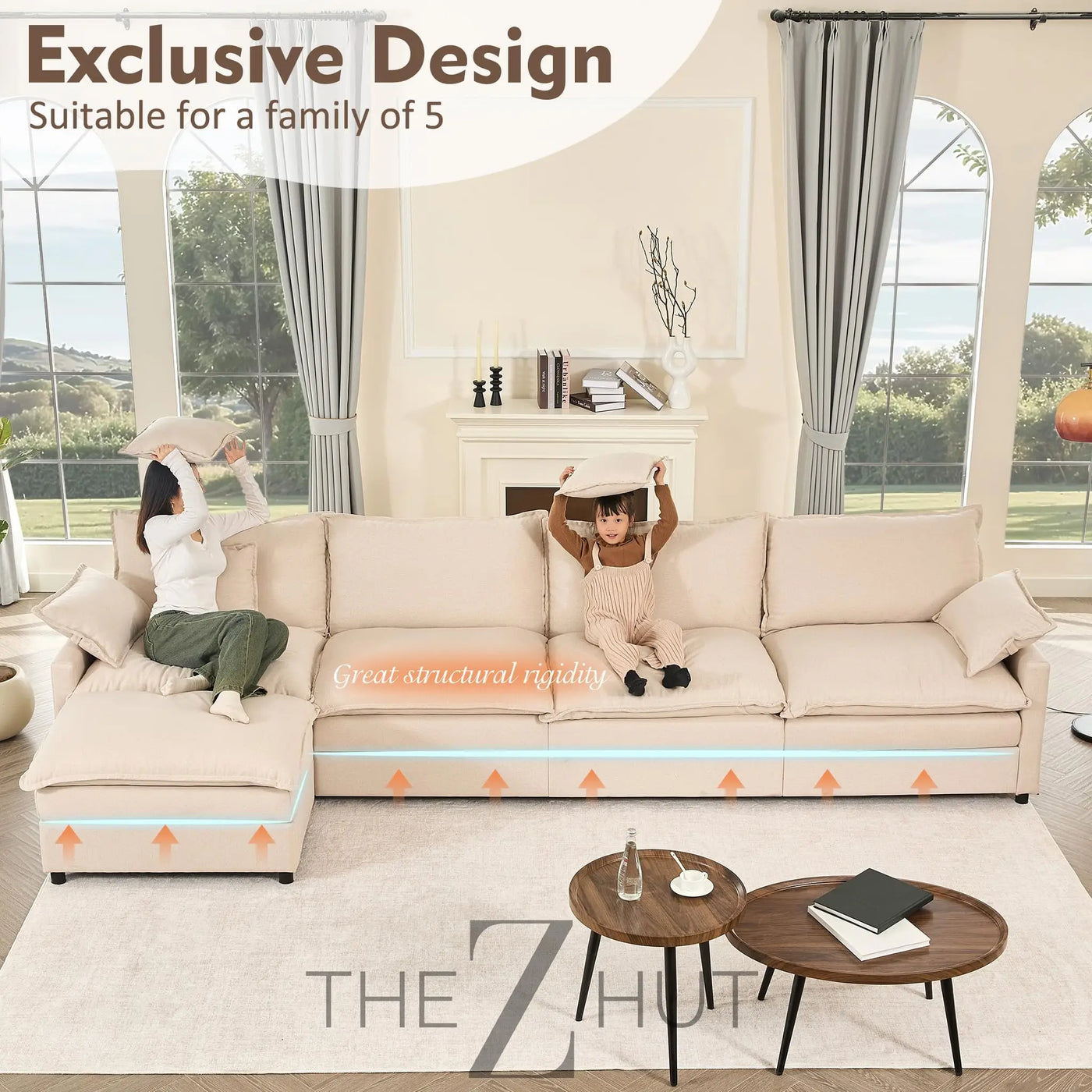 108" U Shaped Couch, Modular Sectional Sofa, 3-Seater Comfy Cloud Couch with Movable Ottoman, Deep Seat Couches for Living Room, Linen, Beige THE Z HUT