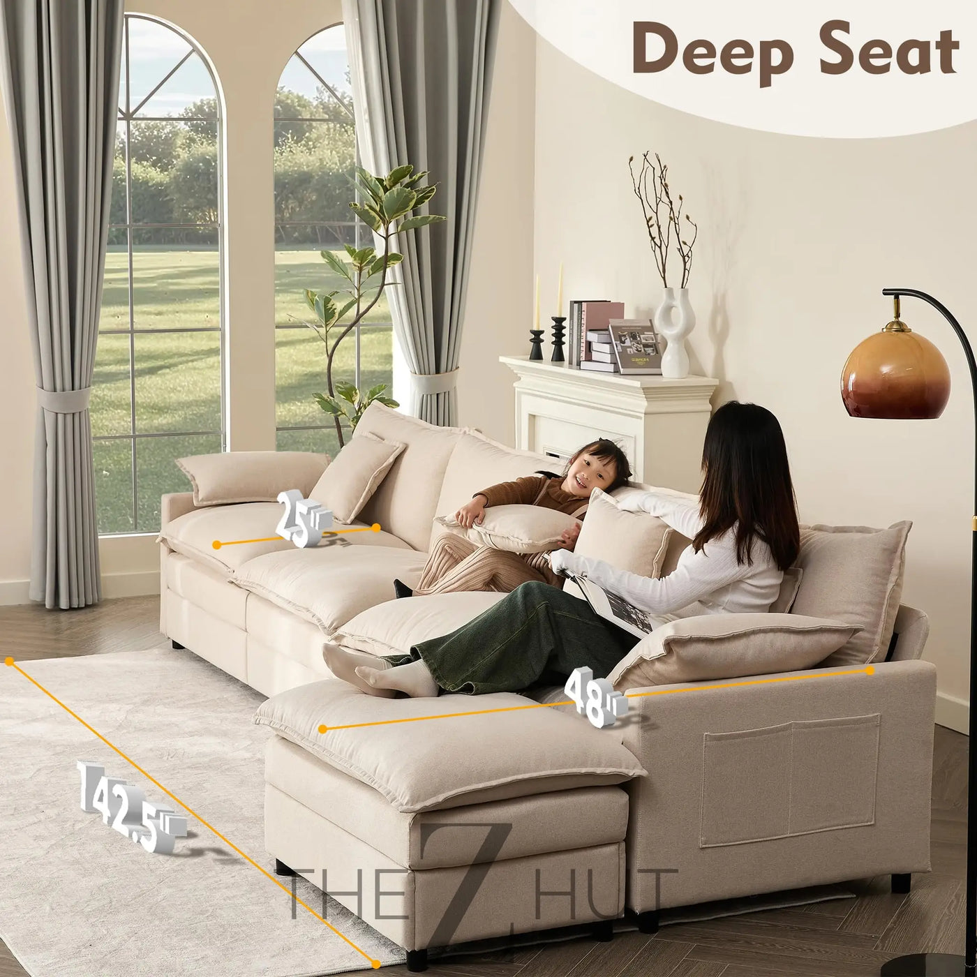 108" U Shaped Couch, Modular Sectional Sofa, 3-Seater Comfy Cloud Couch with Movable Ottoman, Deep Seat Couches for Living Room, Linen, Beige THE Z HUT