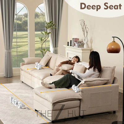 108" U Shaped Couch, Modular Sectional Sofa, 3-Seater Comfy Cloud Couch with Movable Ottoman, Deep Seat Couches for Living Room, Linen, Beige THE Z HUT
