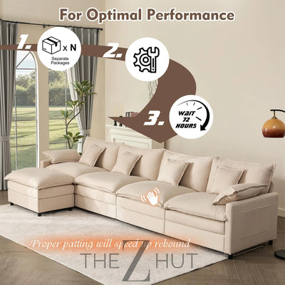108" U Shaped Couch, Modular Sectional Sofa, 3-Seater Comfy Cloud Couch with Movable Ottoman, Deep Seat Couches for Living Room, Linen, Beige THE Z HUT