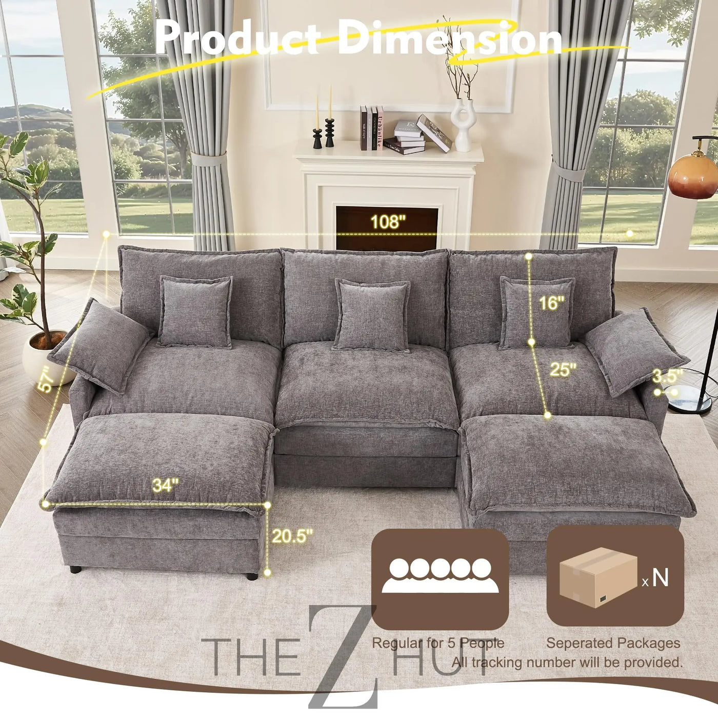 108" U Shaped Couch, Modular Sectional Sofa, 3-Seater Comfy Cloud Couch with Movable Ottoman, Deep Seat Couches for Living Room, Linen, Beige THE Z HUT