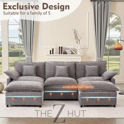 108" U Shaped Couch, Modular Sectional Sofa, 3-Seater Comfy Cloud Couch with Movable Ottoman, Deep Seat Couches for Living Room, Linen, Beige THE Z HUT