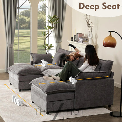 108" U Shaped Couch, Modular Sectional Sofa, 3-Seater Comfy Cloud Couch with Movable Ottoman, Deep Seat Couches for Living Room, Linen, Beige THE Z HUT