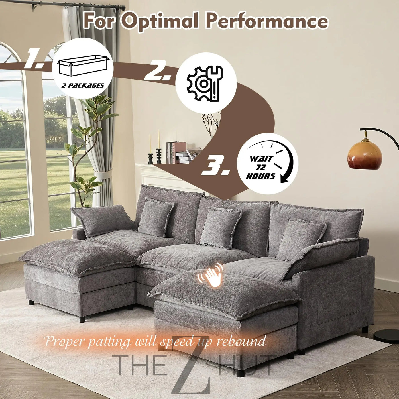 108" U Shaped Couch, Modular Sectional Sofa, 3-Seater Comfy Cloud Couch with Movable Ottoman, Deep Seat Couches for Living Room, Linen, Beige THE Z HUT