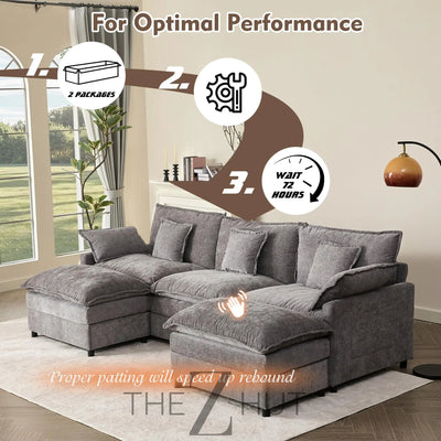 108" U Shaped Couch, Modular Sectional Sofa, 3-Seater Comfy Cloud Couch with Movable Ottoman, Deep Seat Couches for Living Room, Linen, Beige THE Z HUT