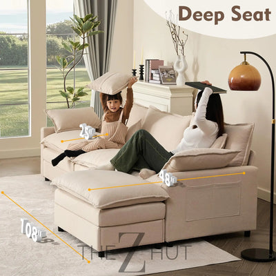 108" U Shaped Couch, Modular Sectional Sofa, 3-Seater Comfy Cloud Couch with Movable Ottoman, Deep Seat Couches for Living Room, Linen, Beige THE Z HUT