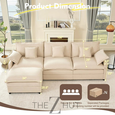 108" U Shaped Couch, Modular Sectional Sofa, 3-Seater Comfy Cloud Couch with Movable Ottoman, Deep Seat Couches for Living Room, Linen, Beige THE Z HUT