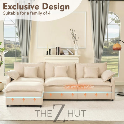 108" U Shaped Couch, Modular Sectional Sofa, 3-Seater Comfy Cloud Couch with Movable Ottoman, Deep Seat Couches for Living Room, Linen, Beige THE Z HUT