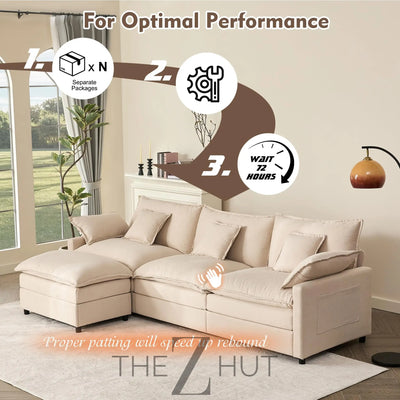108" U Shaped Couch, Modular Sectional Sofa, 3-Seater Comfy Cloud Couch with Movable Ottoman, Deep Seat Couches for Living Room, Linen, Beige THE Z HUT
