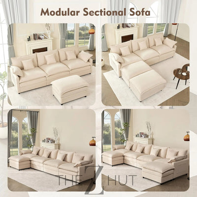 108" U Shaped Couch, Modular Sectional Sofa, 3-Seater Comfy Cloud Couch with Movable Ottoman, Deep Seat Couches for Living Room, Linen, Beige THE Z HUT