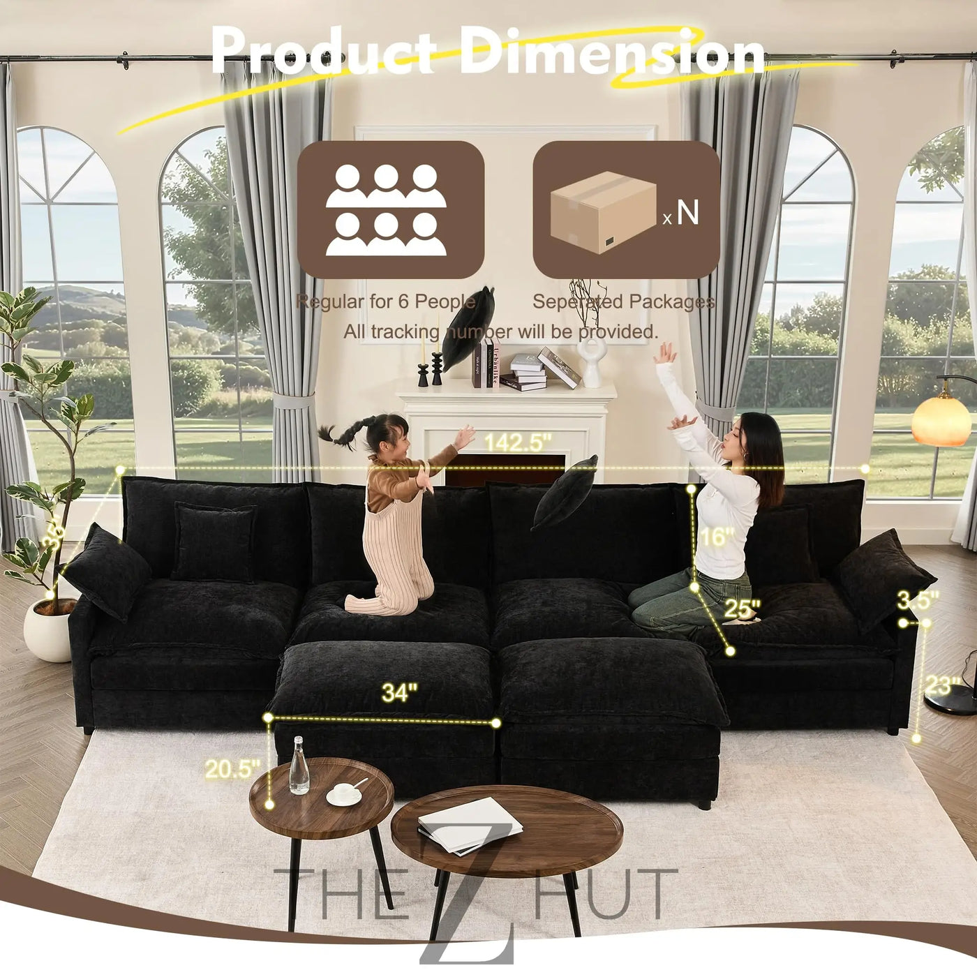 108" U Shaped Couch, Modular Sectional Sofa, 3-Seater Comfy Cloud Couch with Movable Ottoman, Deep Seat Couches for Living Room, Linen, Beige THE Z HUT
