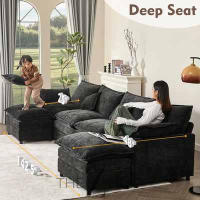 108" U Shaped Couch, Modular Sectional Sofa, 3-Seater Comfy Cloud Couch with Movable Ottoman, Deep Seat Couches for Living Room, Linen, Beige THE Z HUT