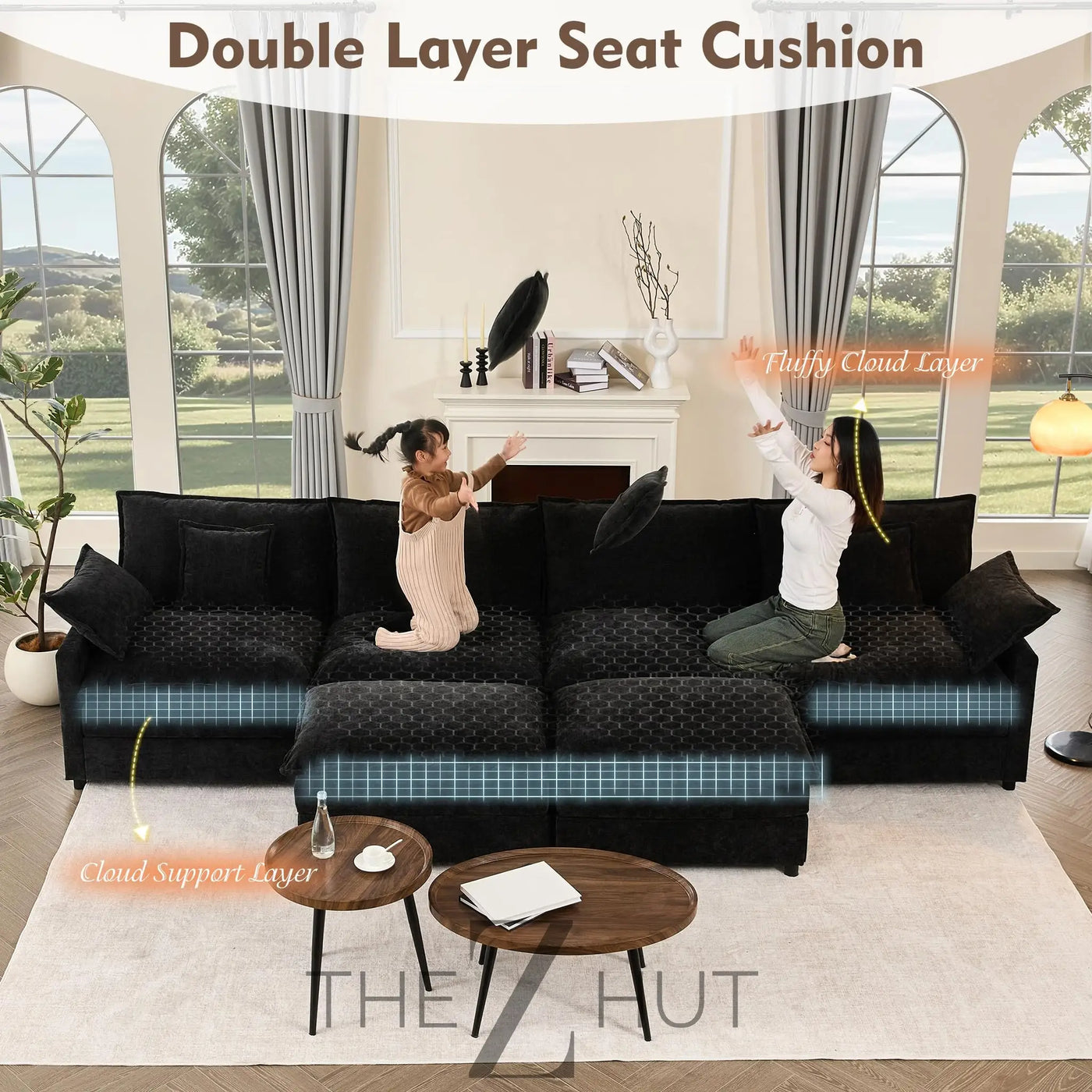 108" U Shaped Couch, Modular Sectional Sofa, 3-Seater Comfy Cloud Couch with Movable Ottoman, Deep Seat Couches for Living Room, Linen, Beige THE Z HUT