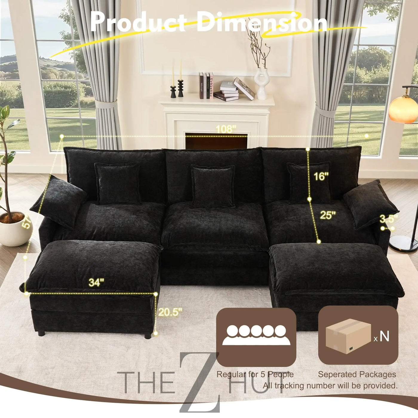 108" U Shaped Couch, Modular Sectional Sofa, 3-Seater Comfy Cloud Couch with Movable Ottoman, Deep Seat Couches for Living Room, Linen, Beige THE Z HUT