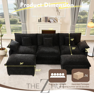 108" U Shaped Couch, Modular Sectional Sofa, 3-Seater Comfy Cloud Couch with Movable Ottoman, Deep Seat Couches for Living Room, Linen, Beige THE Z HUT