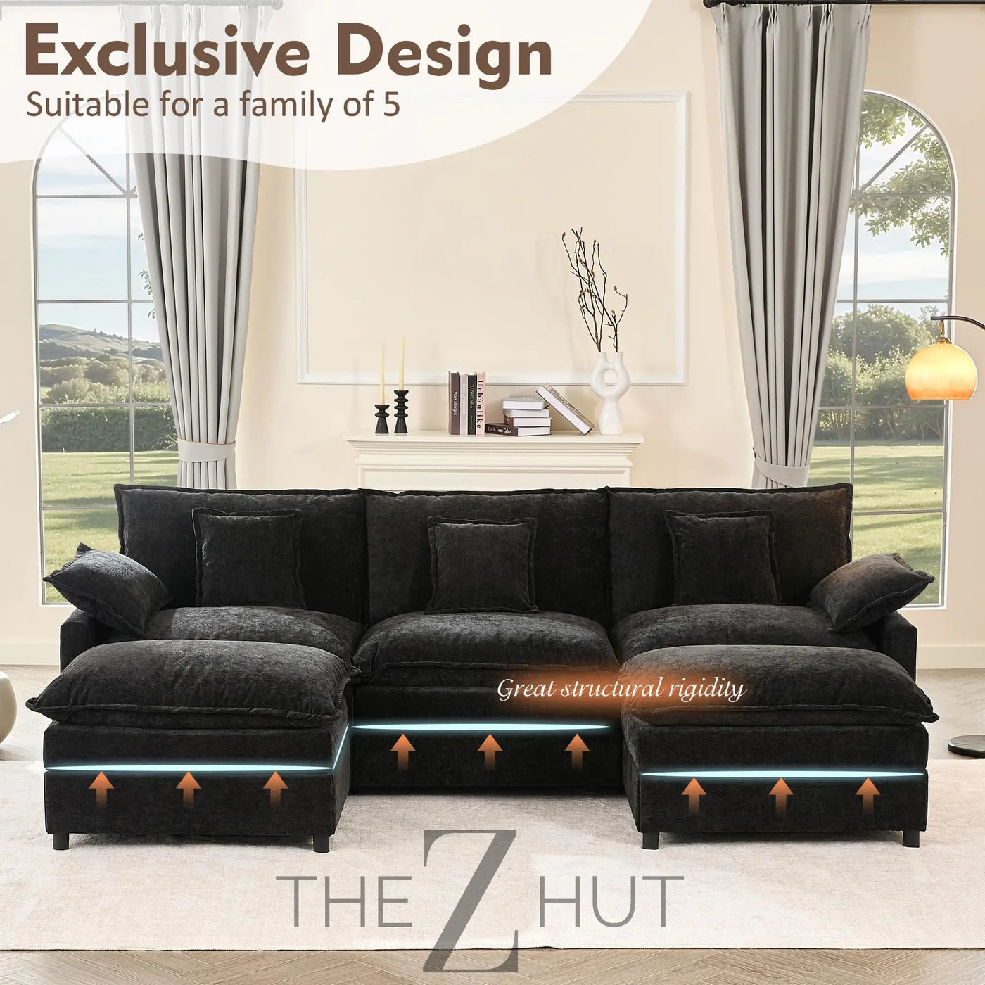 108" U Shaped Couch, Modular Sectional Sofa, 3-Seater Comfy Cloud Couch with Movable Ottoman, Deep Seat Couches for Living Room, Linen, Beige THE Z HUT