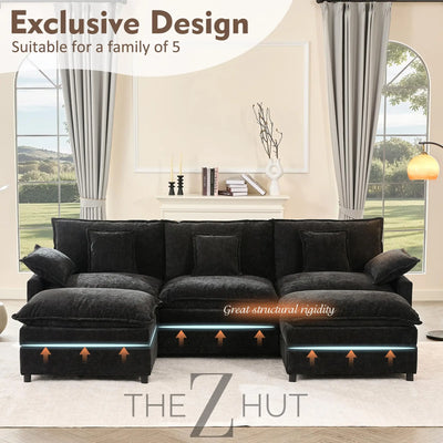 108" U Shaped Couch, Modular Sectional Sofa, 3-Seater Comfy Cloud Couch with Movable Ottoman, Deep Seat Couches for Living Room, Linen, Beige THE Z HUT
