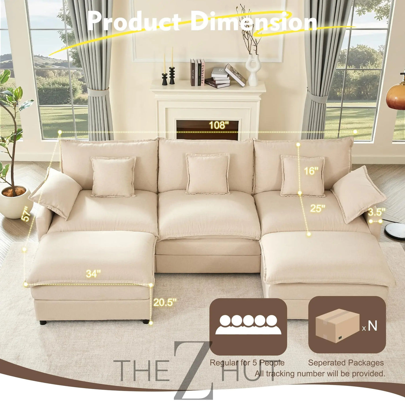 108" U Shaped Couch, Modular Sectional Sofa, 3-Seater Comfy Cloud Couch with Movable Ottoman, Deep Seat Couches for Living Room, Linen, Beige THE Z HUT