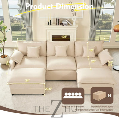 108" U Shaped Couch, Modular Sectional Sofa, 3-Seater Comfy Cloud Couch with Movable Ottoman, Deep Seat Couches for Living Room, Linen, Beige THE Z HUT
