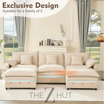 108" U Shaped Couch, Modular Sectional Sofa, 3-Seater Comfy Cloud Couch with Movable Ottoman, Deep Seat Couches for Living Room, Linen, Beige THE Z HUT