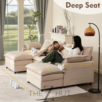 108" U Shaped Couch, Modular Sectional Sofa, 3-Seater Comfy Cloud Couch with Movable Ottoman, Deep Seat Couches for Living Room, Linen, Beige THE Z HUT