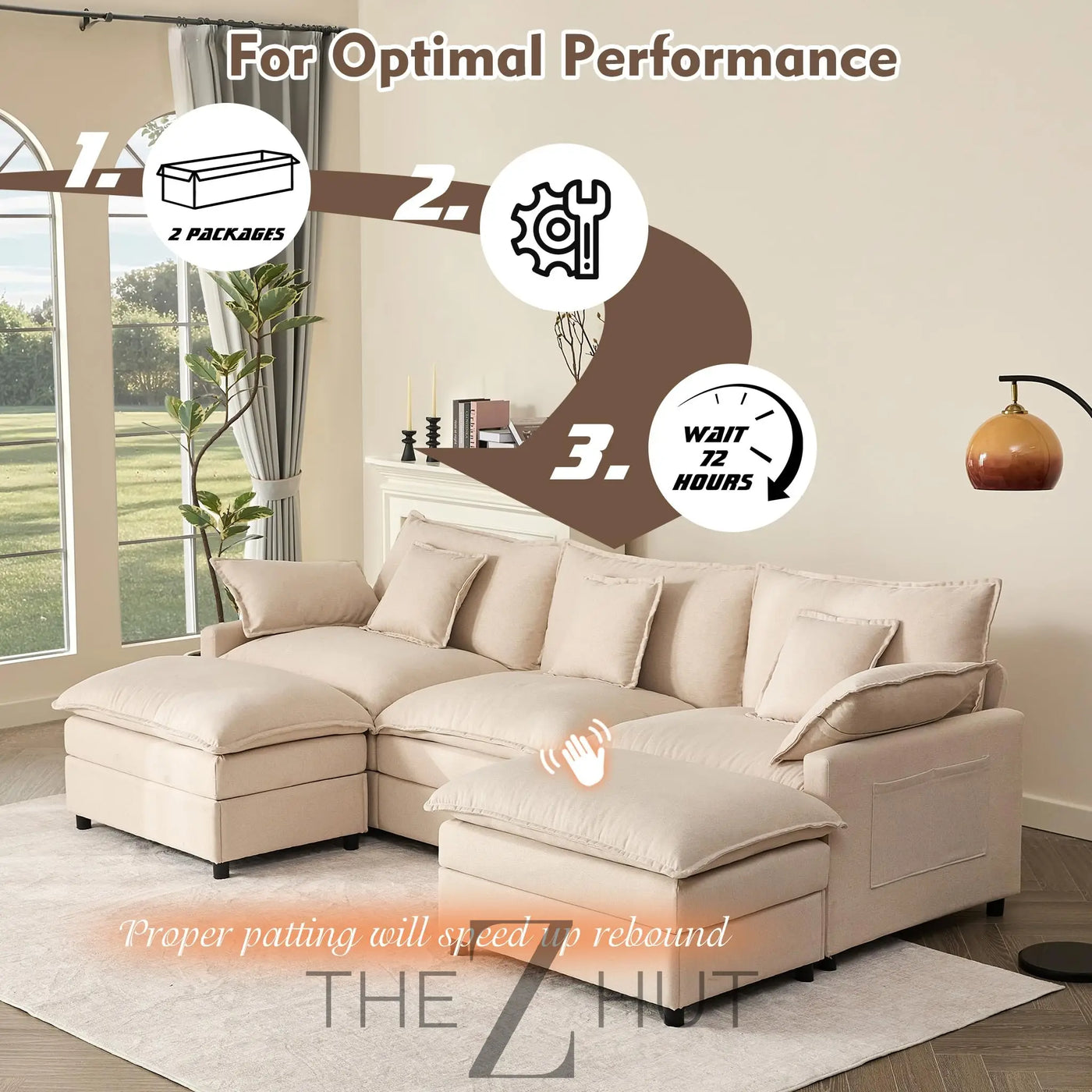 108" U Shaped Couch, Modular Sectional Sofa, 3-Seater Comfy Cloud Couch with Movable Ottoman, Deep Seat Couches for Living Room, Linen, Beige THE Z HUT