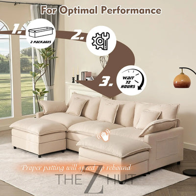 108" U Shaped Couch, Modular Sectional Sofa, 3-Seater Comfy Cloud Couch with Movable Ottoman, Deep Seat Couches for Living Room, Linen, Beige THE Z HUT
