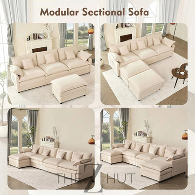 108" U Shaped Couch, Modular Sectional Sofa, 3-Seater Comfy Cloud Couch with Movable Ottoman, Deep Seat Couches for Living Room, Linen, Beige THE Z HUT