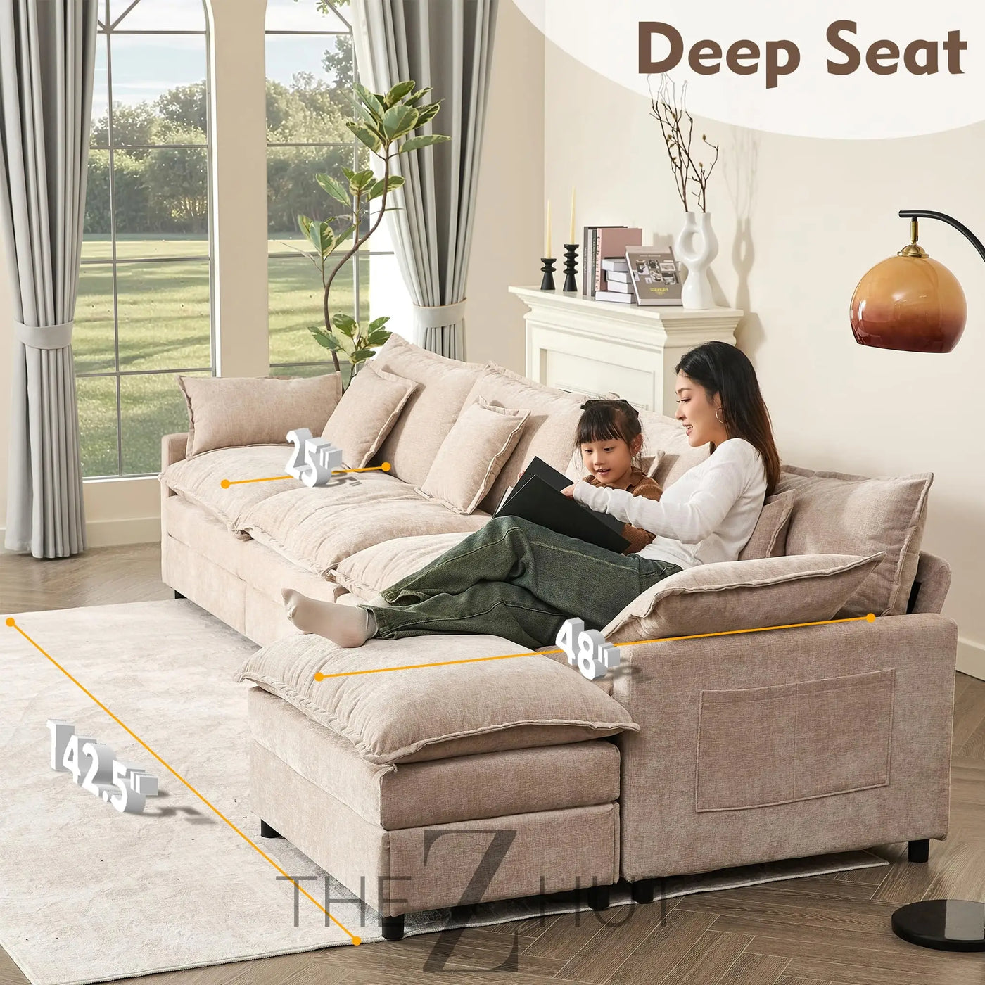 108" U Shaped Couch, Modular Sectional Sofa, 3-Seater Comfy Cloud Couch with Movable Ottoman, Deep Seat Couches for Living Room, Linen, Beige THE Z HUT