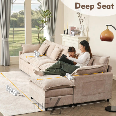 108" U Shaped Couch, Modular Sectional Sofa, 3-Seater Comfy Cloud Couch with Movable Ottoman, Deep Seat Couches for Living Room, Linen, Beige THE Z HUT