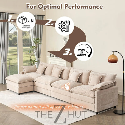 108" U Shaped Couch, Modular Sectional Sofa, 3-Seater Comfy Cloud Couch with Movable Ottoman, Deep Seat Couches for Living Room, Linen, Beige THE Z HUT